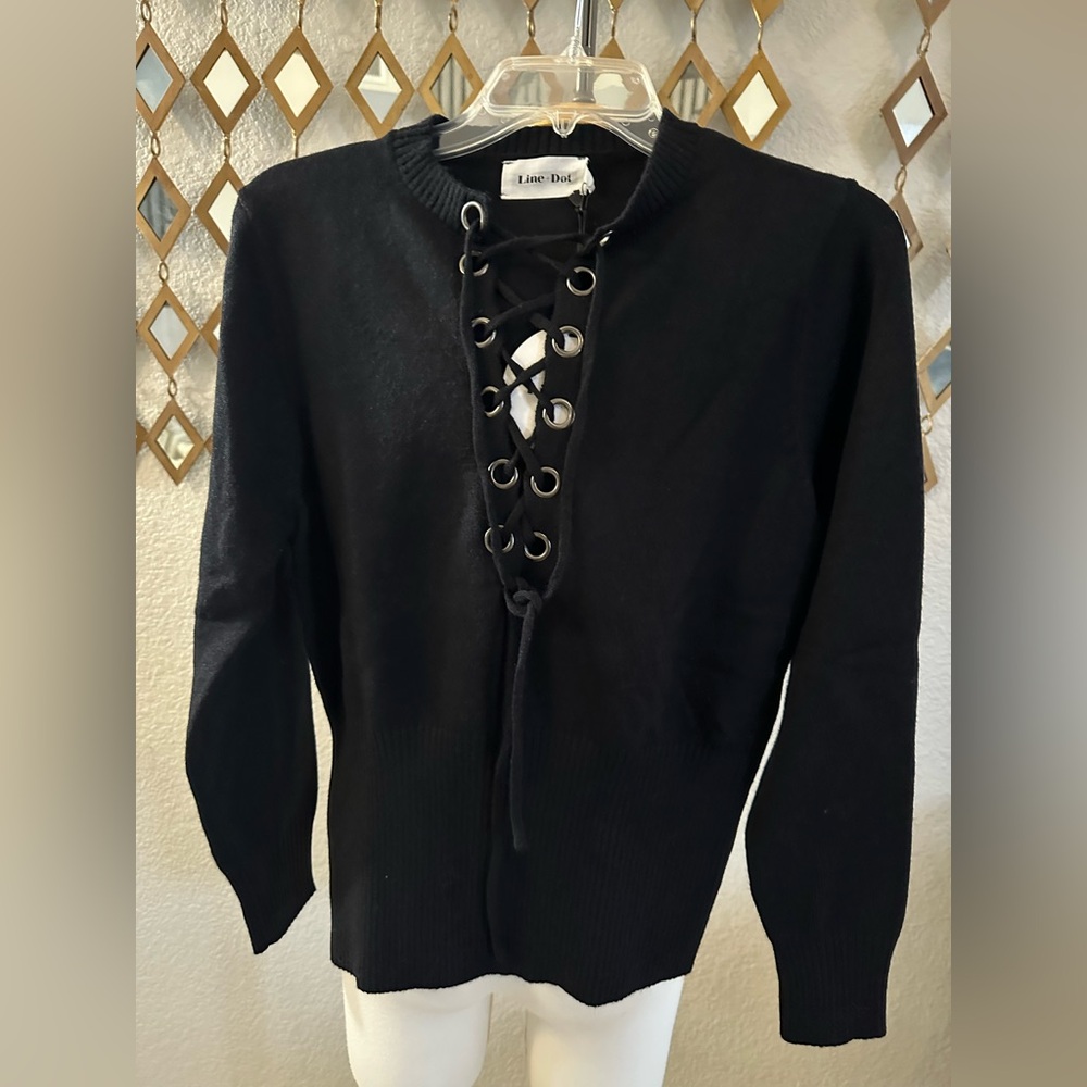 Line & Dot Black Crew Neck Sweater with Textured Knit